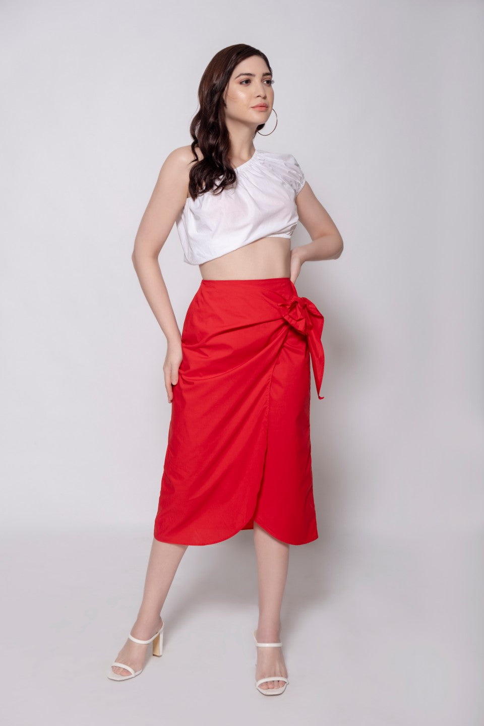 White Balloon Crop Top + Red Wraparound Style Skirt